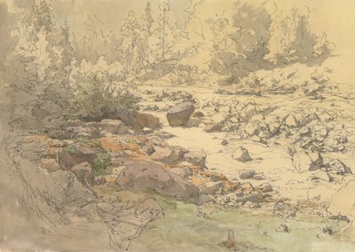 Landskab med klipper i en flod nær Kronau, 1800-begyndelsen af det 20. århundrede. af Eduard Peithner von Lichtenfels