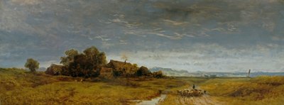 Øvre bayerske slette med en flok får, der flytter hjem af Eduard Schleich der Ältere