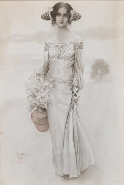 En pige med en kande og en buket blomster, 1914. af Eduard Veith
