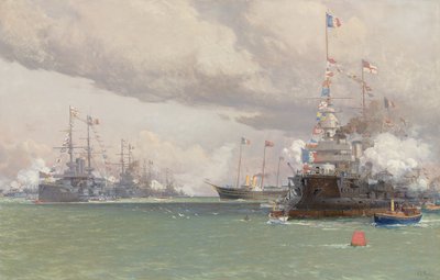 L"Entente Cordiale: Royal Yacht Victoria & Albert III gennemgår den engelsk-franske flåde i Cowes Road, 1905 af Eduardo de Martino