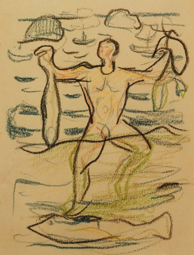 Badende med fisk, ca. 1915-20 (farvet kridt) af Edvard Munch