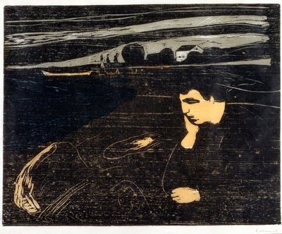 Aften, melankoli: På stranden (Abend, Melancholie am Strand) (træsnit) af Edvard Munch