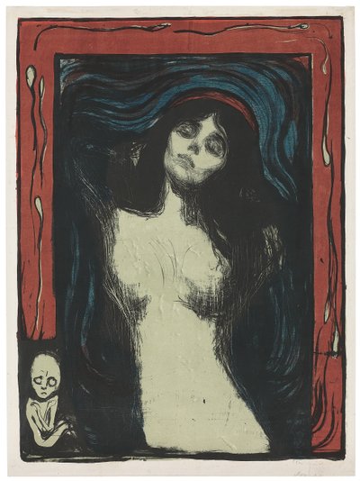 Madonna - Liebendes Weib, ca. 1895-1902 (litografi, trykt i sort, rød, blå og jadegrøn på hvid) af Edvard Munch