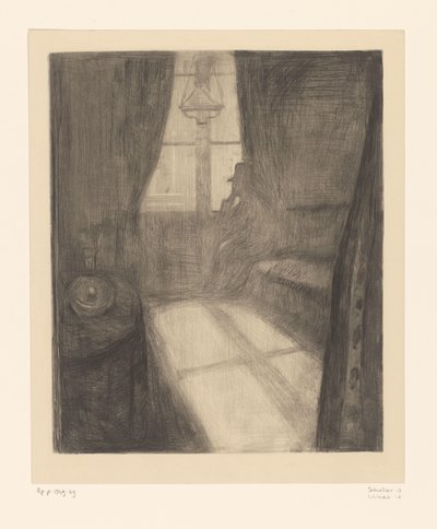 Mand i et interiør sidder ved vinduet Måneskin. Night in Saint-Cloud (original titel) af Edvard Munch