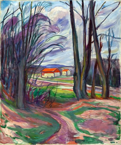 Landskab ved Skoyen (Oslo, Norge). Maleri af Edvard Munch (1863-1944), olie på lærred, omkring 1920. Norsk kunst, 1900-tallet, ekspressionisme. Privat samling. af Edvard Munch