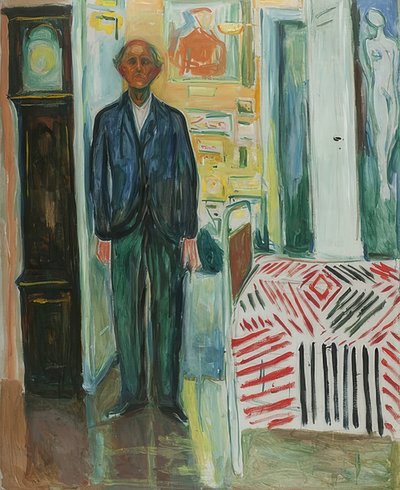 Selvportræt. Mellem uret og sengen. 1940-42 af Edvard Munch