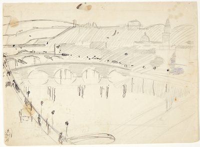 Udsigt fra et vindue ved Lungarnoen over floden mod Santo Spirito og San Miniatohøjderne, Firenze af Edvard Weie