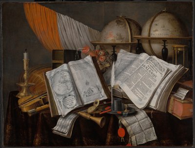 Et Vanitas-stilleben med et flag, lysestage, musikinstrumenter, bøger, skriveudstyr... af Edwaert Collier