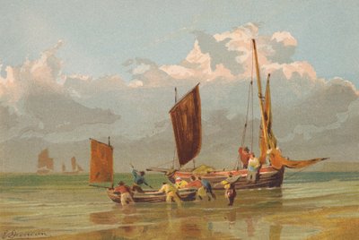 Fiskerbåde på vej ud, ud for Norfolk (farvelitografi) af Edward (after) Duncan