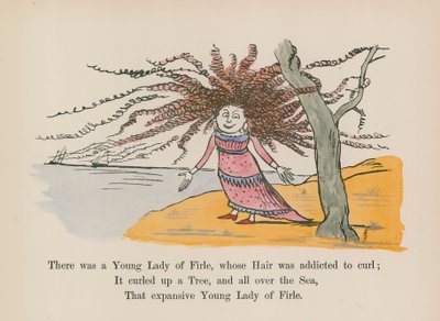 Der var en ung dame fra Firle, hvis hår var tilbøjeligt til at krølle (farvelagt gravering) af Edward (after) Lear