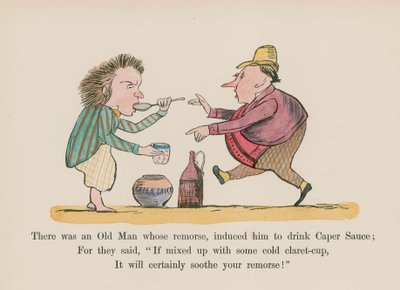 Der var en gammel mand, hvis samvittighedskvaler fik ham til at drikke kapersauce (farvet gravering) af Edward (after) Lear