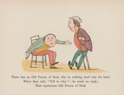 Der var en gammel person fra Deal, som kun brugte sin hæl, når han gik (farvet gravering) af Edward (after) Lear