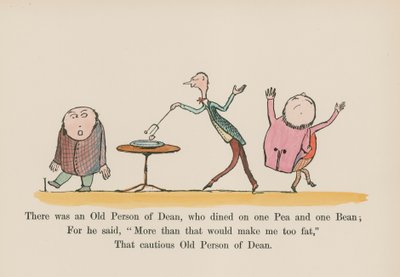 Der var en gammel person fra Dean, som spiste af en ært og en bønne (farvelagt gravering) af Edward (after) Lear