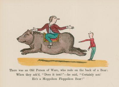 Der var en gammel person fra Ware, som red på ryggen af en bjørn (farvelagt gravering) af Edward (after) Lear