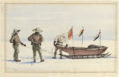 Slædefesten til White Island, februar 1902: Shackleton, Wilson og Ferrar forbereder sig på at tage af sted, 1902 af Edward Adrian Wilson