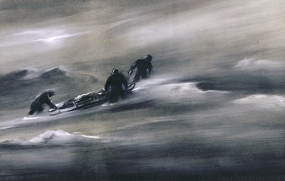 Tre mænd med en slæde i sneen, 1910-12 af Edward Adrian Wilson