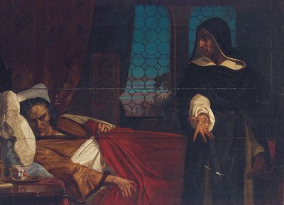 En skikkelse med kappe foran sengen af en forpint mand af Edward Armitage