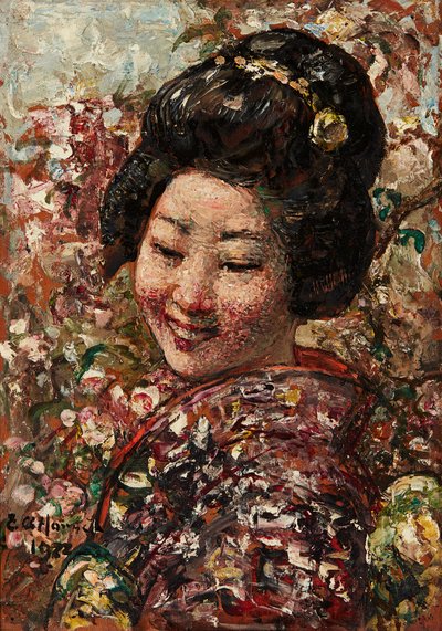 Japansk pige (olie på panel) af Edward Atkinson Hornel