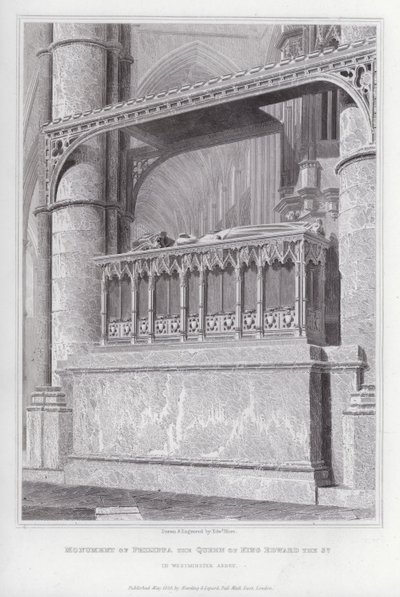 Monument over Philippa, dronning af kong Edward den 3., i Westminster Abbey (gravering) af Edward Blore