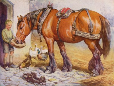 Dreng fodrer en hest i en gård (farve litho) af Edward Brice Montefiore