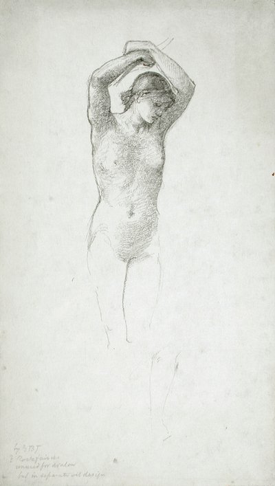 Stående kvindelig nøgenfigur med løftede arme af Edward Burne-Jones