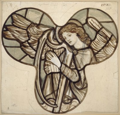 Design til farvet glas i Lyndhurst Church: An Angel Harpist, 1862 (brun og blå skylles over grafit) af Edward Burne Jones