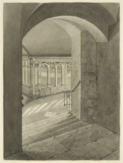 Indgang til Cloisters fra Bristol Cathedral med Edward Birds grav (blyant og akvarel på papir) af Edward Cashin