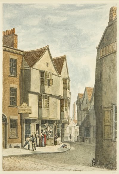 Ser fra Peter Street ind i Bear Lane, mod Castle Green (blyant og akvarel på papir) af Edward Cashin