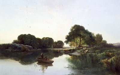 Et skovklædt flodlandskab af Edward Charles Williams