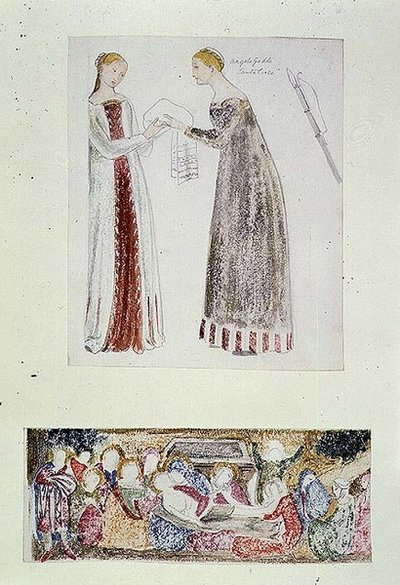No.1084-f.10 (TtoB) To tjenestepiger, en kopi fra The Birth of Mary af Giovanni da Milano fra Rinuccini-kapellet, Firenze; Klagesangen (akvarel, blyant) af Edward Coley Burne Jones