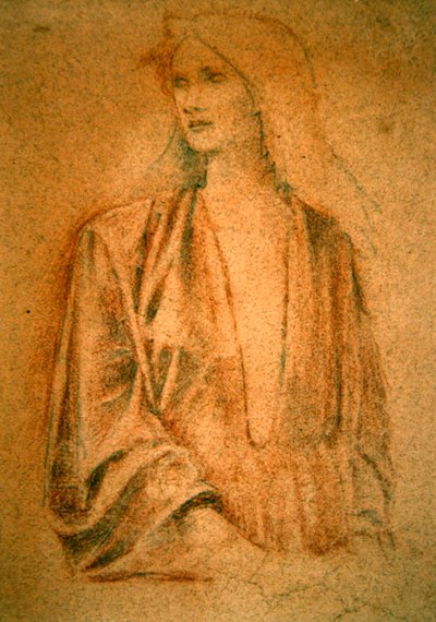 Portræt af en pige - Studie til Arthur i Avalon, ca.1890 (sanguine kridt og blyant på rødt papir) af Edward Coley Burne Jones