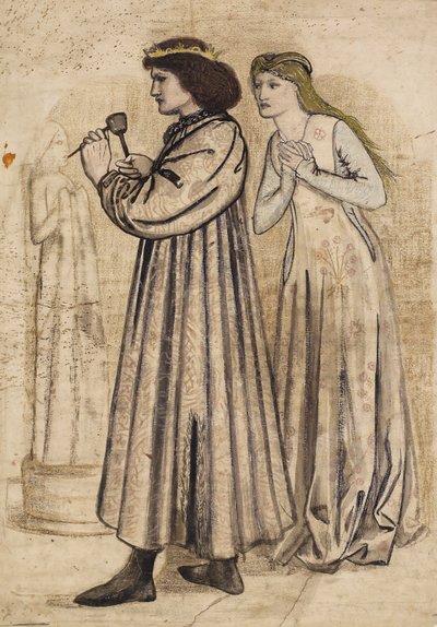 Kohtaus, jossa kuningas Rene veistää hahmoa, kun uusi morsiamensa katselee häntä (kynä ja intiamuste pesuaineella ja lyijykynällä paperilla) af Edward Coley Burne Jones