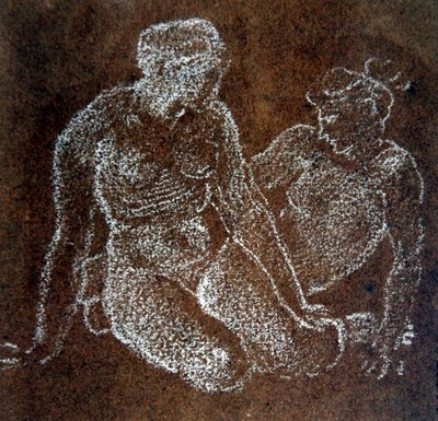 Studie af to siddende kvindelige nøgenbilleder (hvidt kridt på papir) af Edward Coley Burne Jones