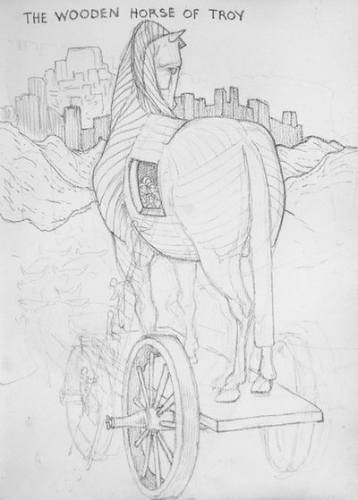The Wooden Horse of Troy (blyant på papir) af Edward Coley Burne Jones