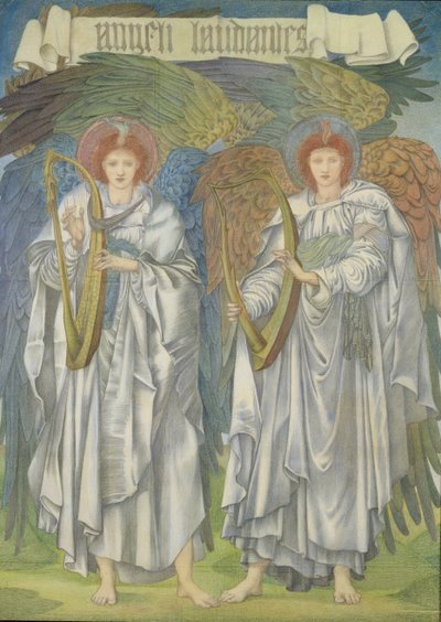 Angeli Laudantes, ca. 1887 (design til et vindue i Salisbury Cathedral, også til gobeliner) (farvet kridt på papir) af Edward Burne Jones