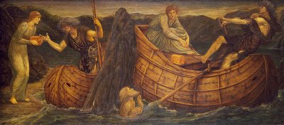 Amor og Psyche - Palace Green Murals - Psyche giver mønten til færgemanden fra Styx, 1881 af Edward Burne Jones