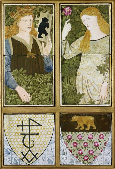 King Arthur og Queen Guinevere, seks flisepaneler fremstillet af Morris, Marshall, Faulkner & Co. (keramik) af Edward Burne Jones