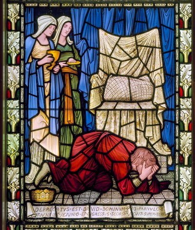 Kong David græder og beder for livet af sit syge barn, og accepterede derefter med fasthed barnets død, ca. 1896 (farvet glas) af Edward Burne Jones