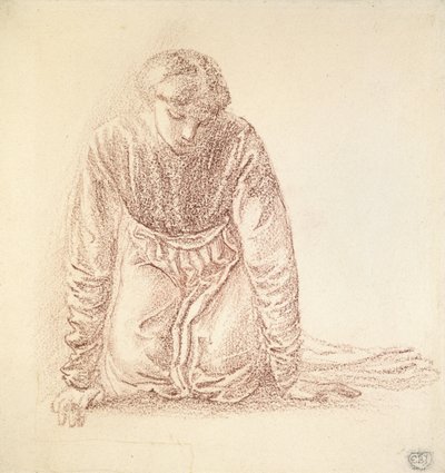 Kvindefigur på knæ (mørkerødt kridt på hvidt papir) af Edward Burne Jones