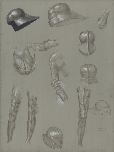 Studies of a Suit of Armour, 1875 (grafit, vask, wc og kropsfarve på papir) af Edward Burne Jones
