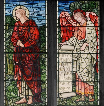 Birmingham, Acocks Green, St Mary The Virgin, Morris & Co., Edward Burne-Jones, John Henry Dearle (1859-1932), St John & Angel with Scroll, 1895 af Edward Coley and Dearle Burne Jones