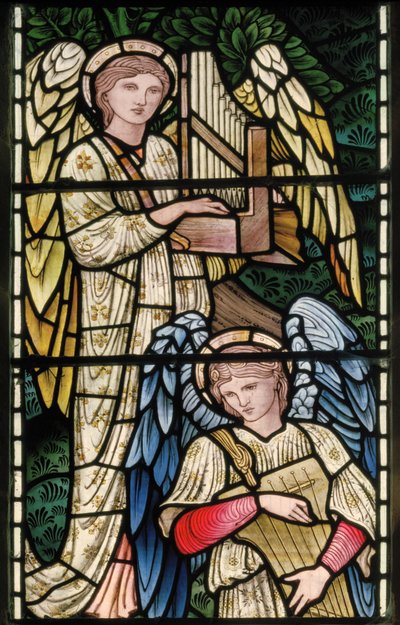 Wilden, All Saints, Morris & Co., Edward Burne-Jones, John Henry Dearle (1859-1932), Paradisets engle, Englemusikanter, detalje, 1902-1914, Louisa, Alfred, The Baldwins, premierminister, metodist, Wo af Edward Coley and Dearle Burne Jones