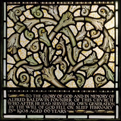 Wilden, All Saints, Morris & Co., Edward Burne-Jones, John Henry Dearle (1859-1932), Dedikation til Alfred Baldwin fra The Joshua window, 1902-1914, Louisa, The Baldwins, premierminister, metodist, Wo af Edward Coley and Dearle Burne Jones