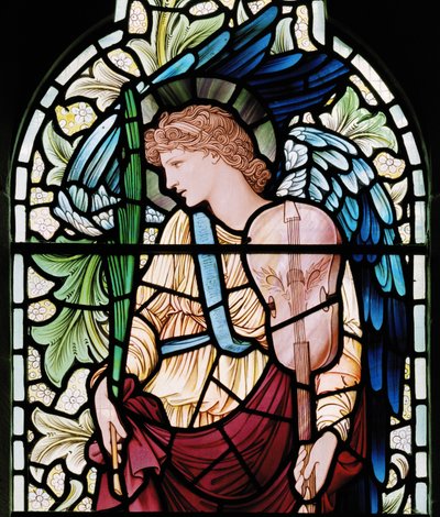 Wilden, All Saints, Morris & Co., Edward Burne-Jones, John Henry Dearle (1859-1932), The Minstrel Angel, Angel Musician, detalje, 1902-1914, Louisa, Alfred, The Baldwins, Premierminister, Methodist, Wor af Edward Coley and Dearle Burne Jones