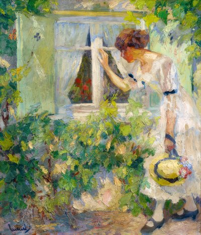 Ung kvinde kigger gennem et vindue af Edward Cucuel