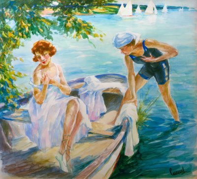 Sommerdag ved søen med to unge damer i en båd af Edward Cucuel