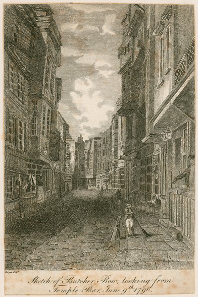 Skitse af Butcher Row, set fra Temple Bar, 9. juni 1796 af Edward Dayes