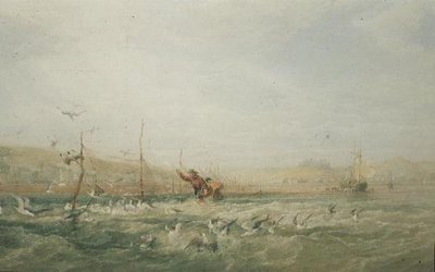 Fiskere, der jager måger fra nettene, Mumbles, South Wales af Edward Duncan