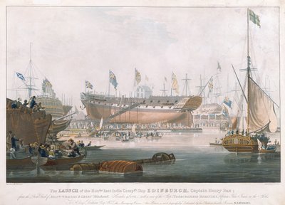Lancering af Edinburgh ved Blackwall, 9. november 1825, malet af Huggins af Edward Duncan