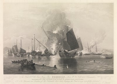 The Hon. E.I. Co. Iron Steam Ship Nemesis, ... med bådene Sulphur, Calliope, Larne og Starling, ødelægger de kinesiske krigsdunke i Anson